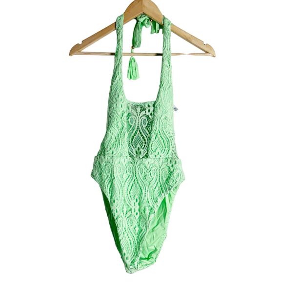 Isabella Rose Verona Neon Green Halter Lace One Piece Swimsuit Size Medium - Picture 3 of 14